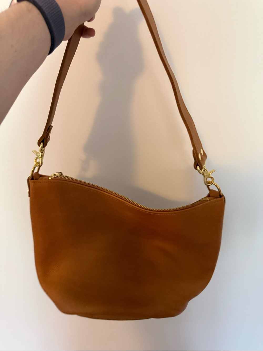 KMM Italian Pebbled Tan Zip Top Bucket Bag with Shoulder strap
